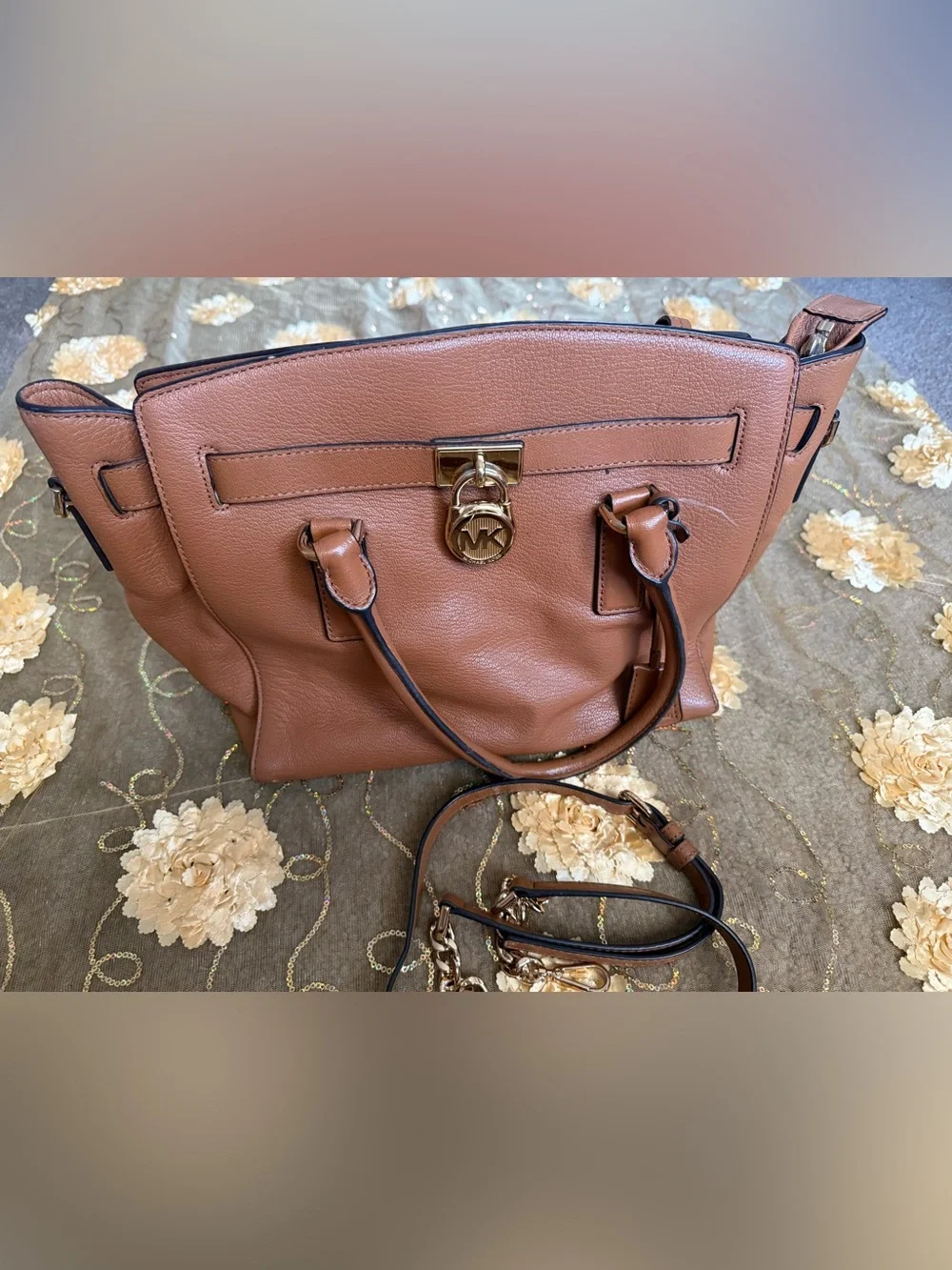 Michael Kors Cognac Pebbled Leather Satchel with Gold MK Lock